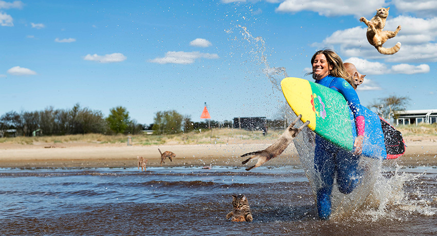 Kvinna med surfingbräda springer ut i havet