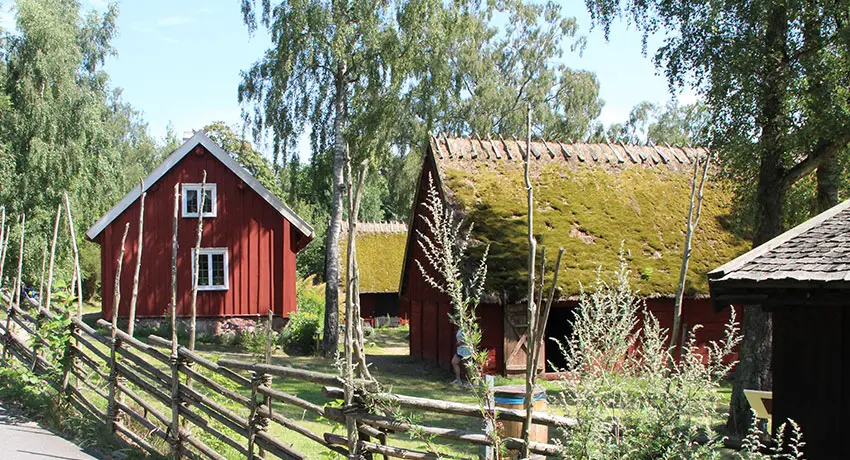 Gärdsgård och hus på Friluftsmuseet Hallandsgården i Halmstad